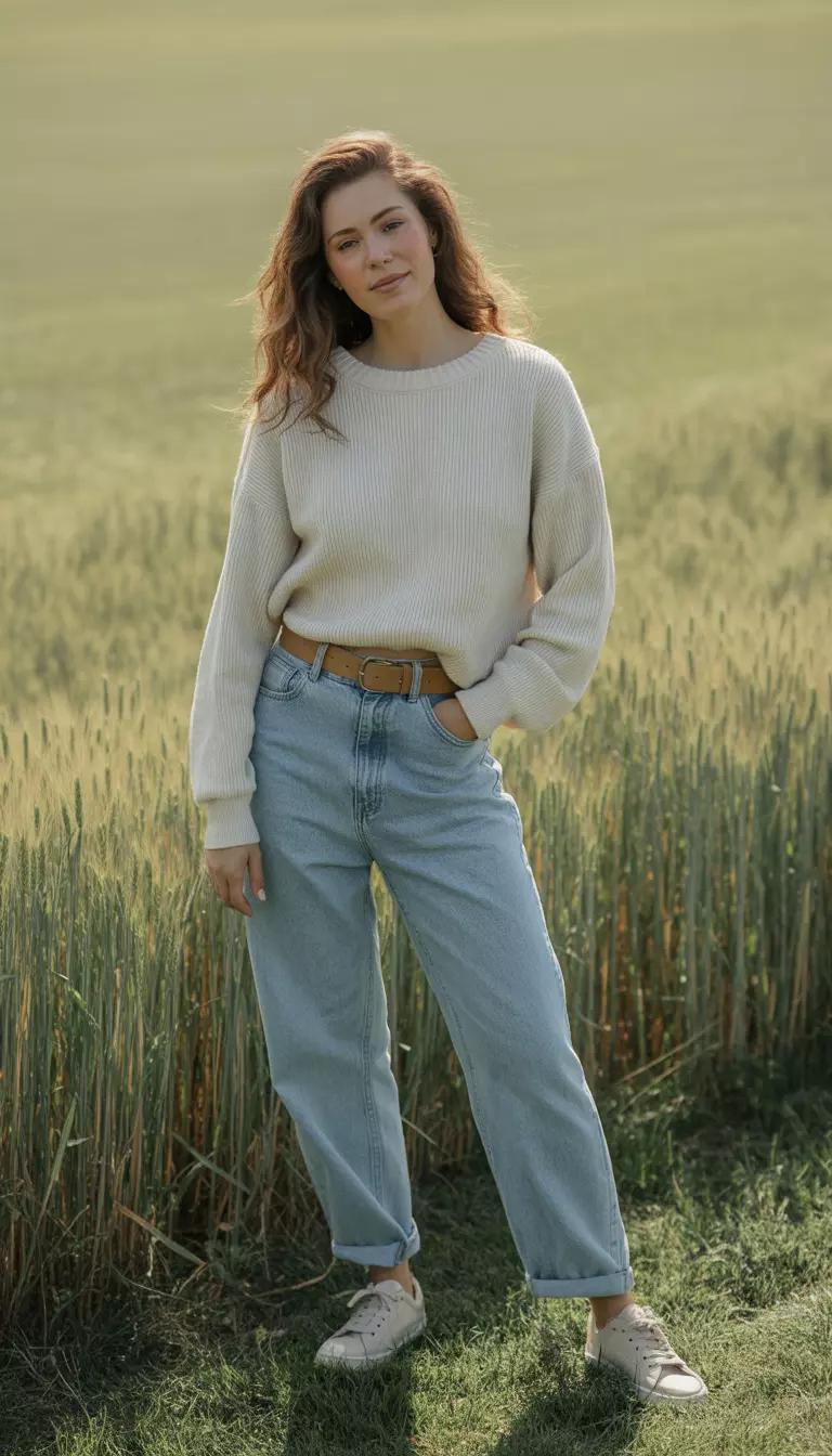 Baggy Jeans and Cream Knit A beautiful woman in baggy light indigo jeans, cream rollneck knit sweater, tan leather belt, and low white sneakers.