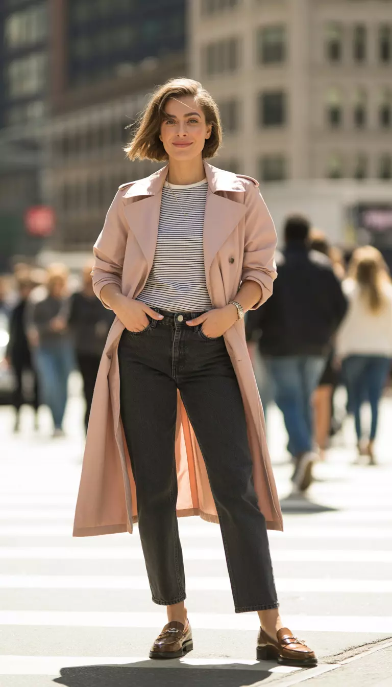 Blush Pink Trench and Jeans A beautiful woman in a blush pink trench coat, dark-rinse straight jeans, striped tee, and brown loafers.