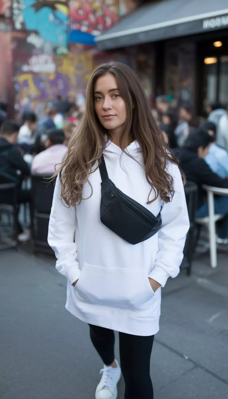Minimalist White Athleisure Set A beautiful woman in a white hoodie dress, black leggings, white sneakers, and a black crossbody pouch.
