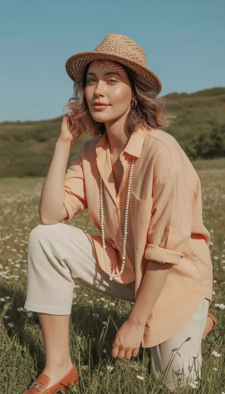 Oversized Shirt and Capris A beautiful woman in an oversized peach linen shirt, cream capris, brown loafers, and a string of white pearls.