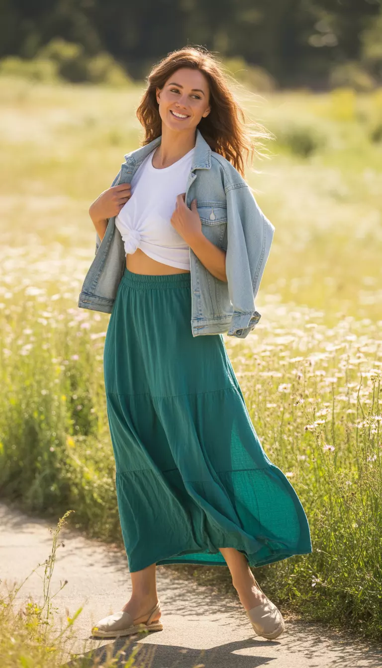 Rich Teal Maxi Skirt Outfit A beautiful woman in a rich teal flowy maxi skirt, white cropped tee, light denim jacket, and beige espadrilles.