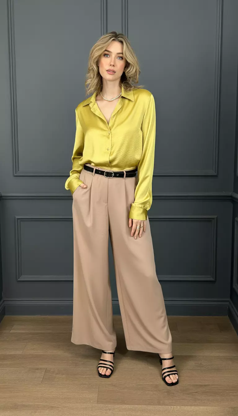 Canary Yellow Blouse and Neutrals A beautiful woman in a canary yellow silk blouse, buttery neutral wide-leg pants, strappy black sandals, and a black belt.