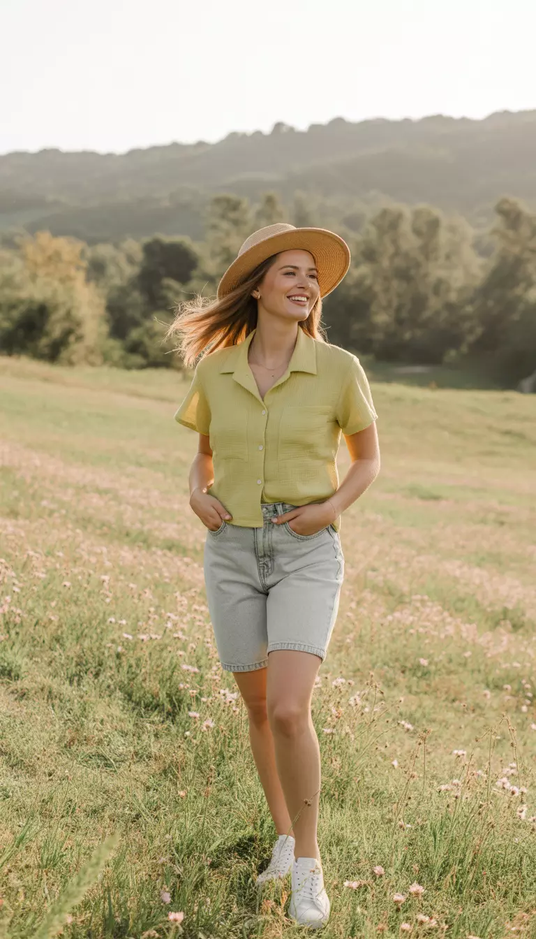 Chartreuse Top with Denim Shorts A beautiful woman in a chartreuse short-sleeve button-up, light denim Bermuda shorts, white sneakers, and a straw hat.