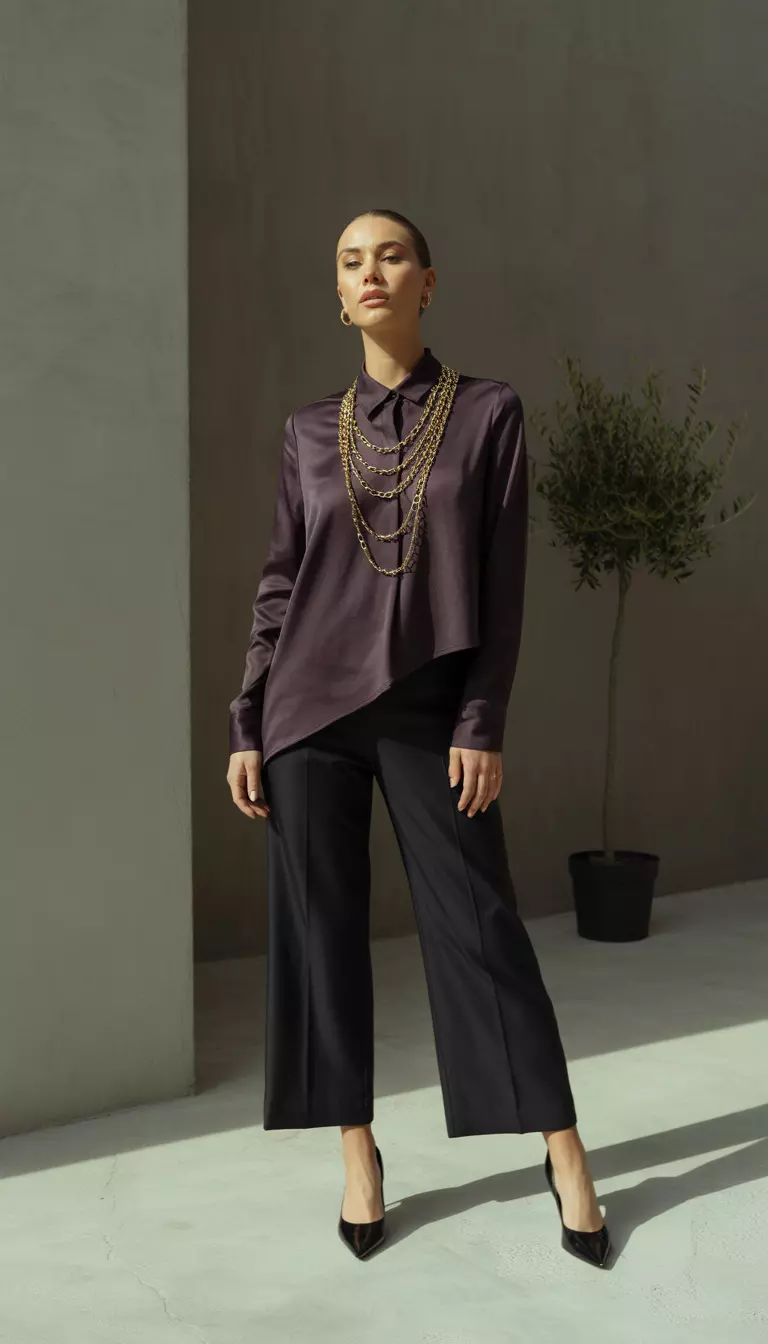 Plum Noir Asymmetrical Top A beautiful woman in a plum noir asymmetrical hem blouse, black culottes, black pointed flats, and thick gold chains.