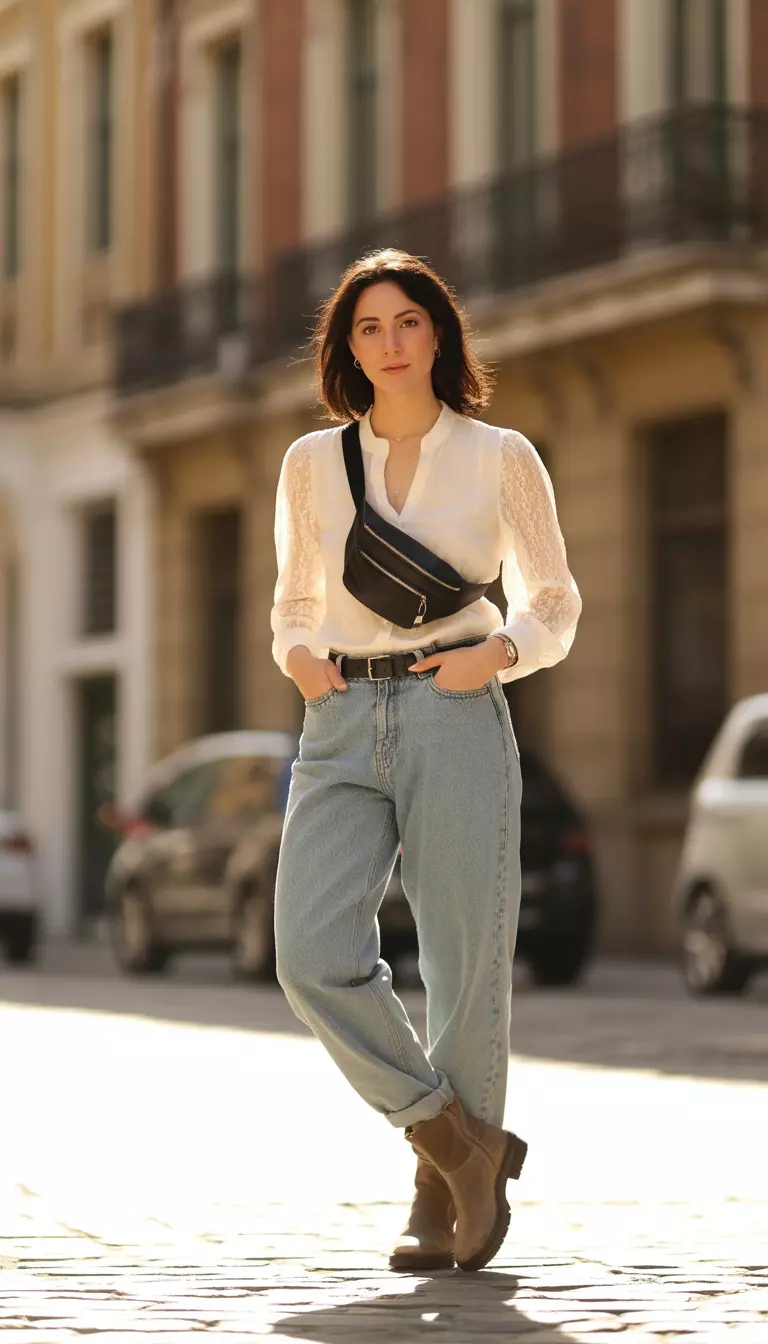 Lace Blouse and Baggy Jeans A beautiful woman in an ivory lace blouse, baggy light blue jeans, brown boots, and a black belt bag.