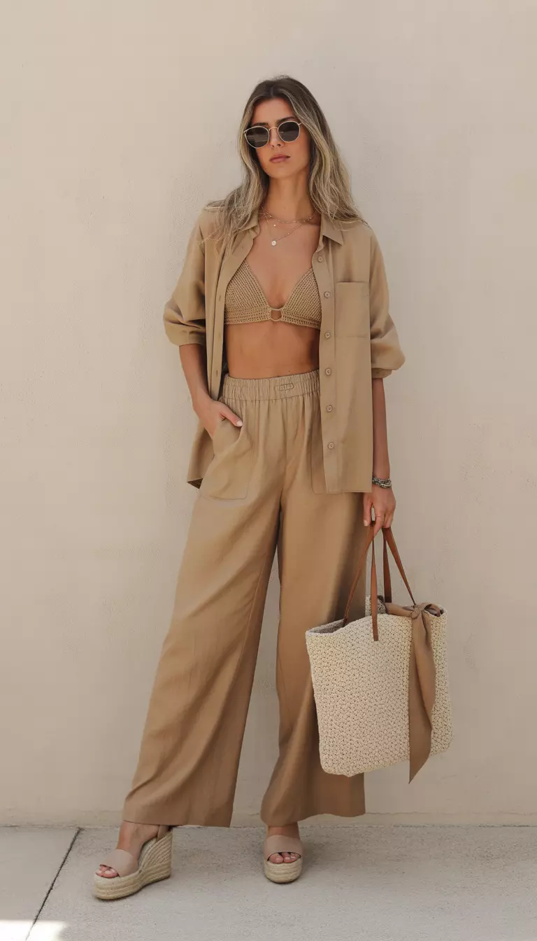 A beautiful woman in a neutral camel linen blouse and wide-leg pants, a crochet bikini, espadrille wedges, and a canvas tote with a scarf tied at the waist.