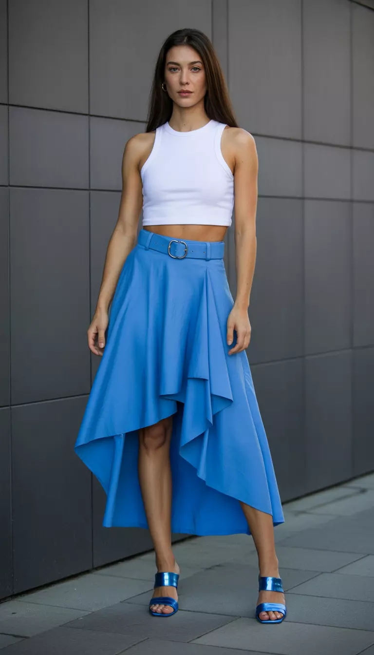 A beautiful woman in a capri blue asymmetrical statement skirt, a bright white crop top, blue metallic sandals, and a belt accessory.