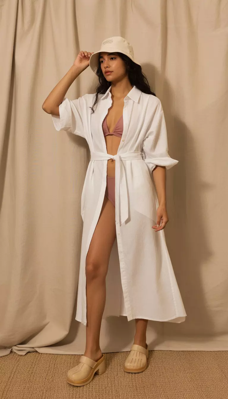 A beautiful woman in a sea salt white linen shirt dress with a belt, a dusty rose bikini, wooden clogs, and a canvas bucket hat.