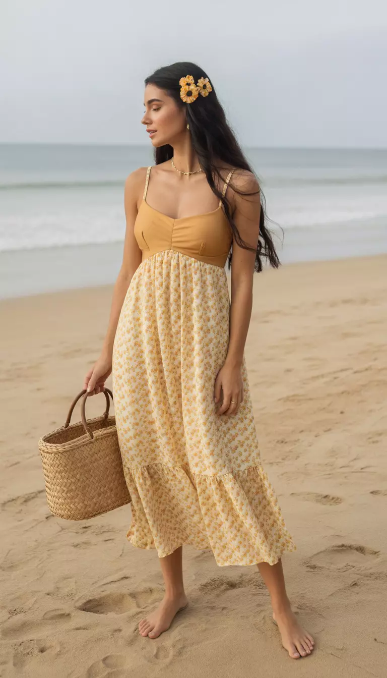 A beautiful woman in a marigold floral print sundress with spaghetti straps, a golden bikini, a raffia basket, and floral hair clips.