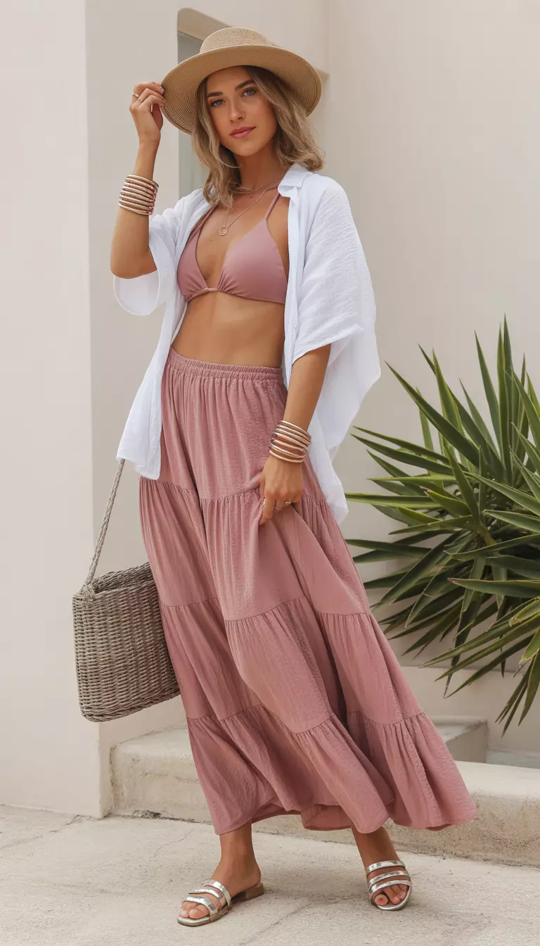 A beautiful woman in a dusty rose tiered maxi skirt, a cropped white linen top, rose gold bangles, and matching rose bikini bottoms.