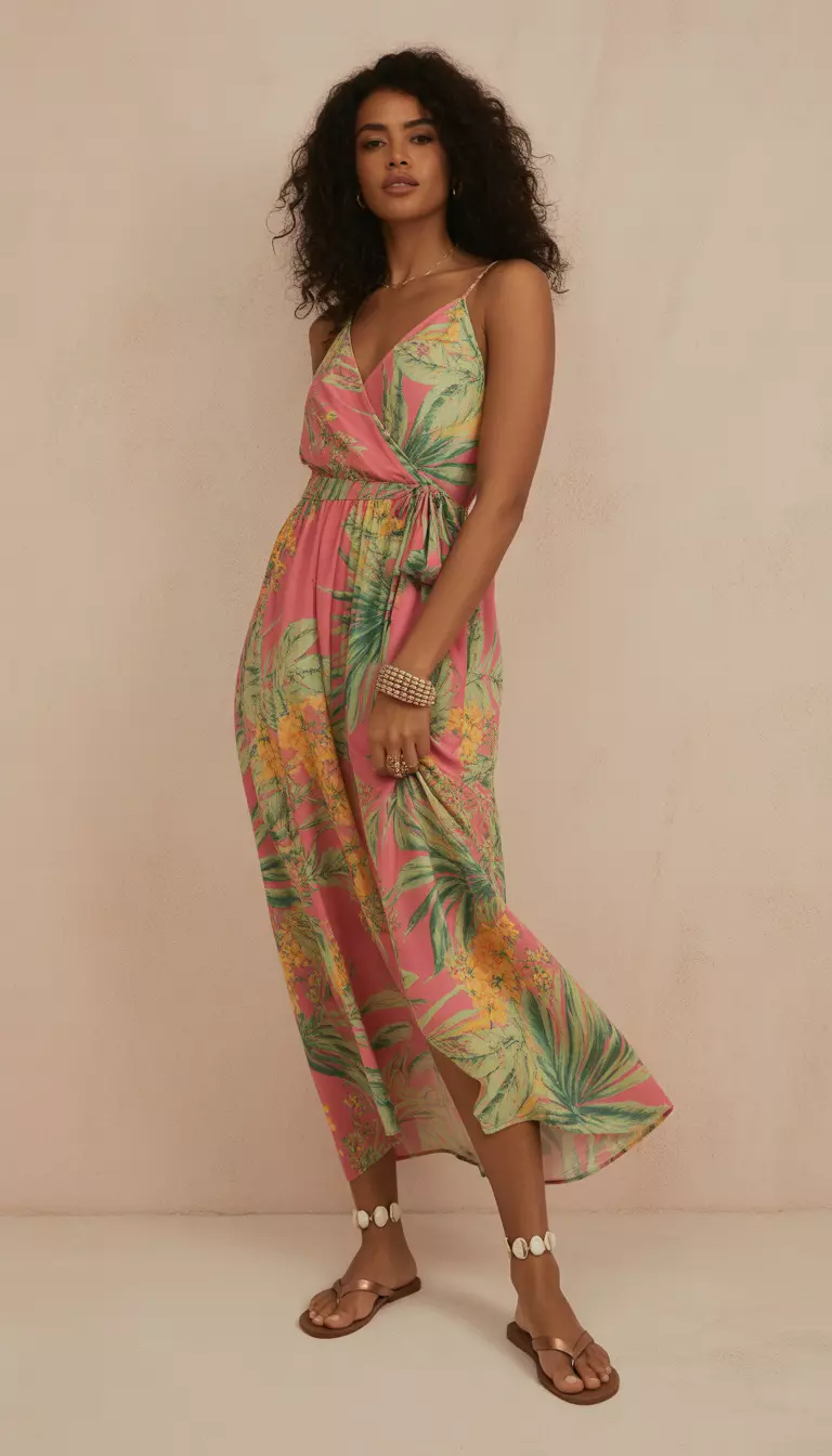 A beautiful woman in a vibrant tropical print maxi dress with pink, green, and yellow patterns, a wrap silhouette, metallic bronze flip-flops, and shell anklets.