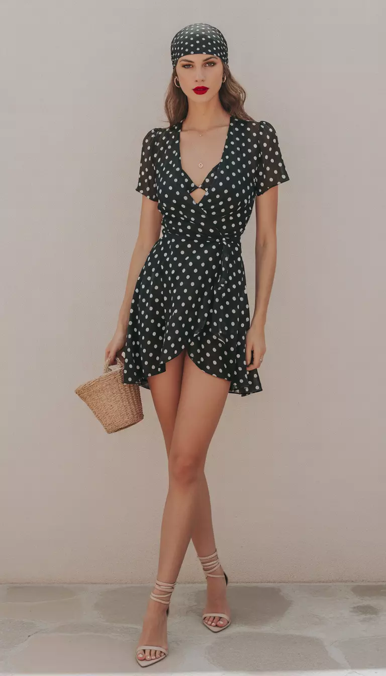 A beautiful woman in a black and white polka dot wrap mini dress over a flame scarlet bikini, strappy nude heels, and a polka dot headscarf, wearing bold red lipstick.