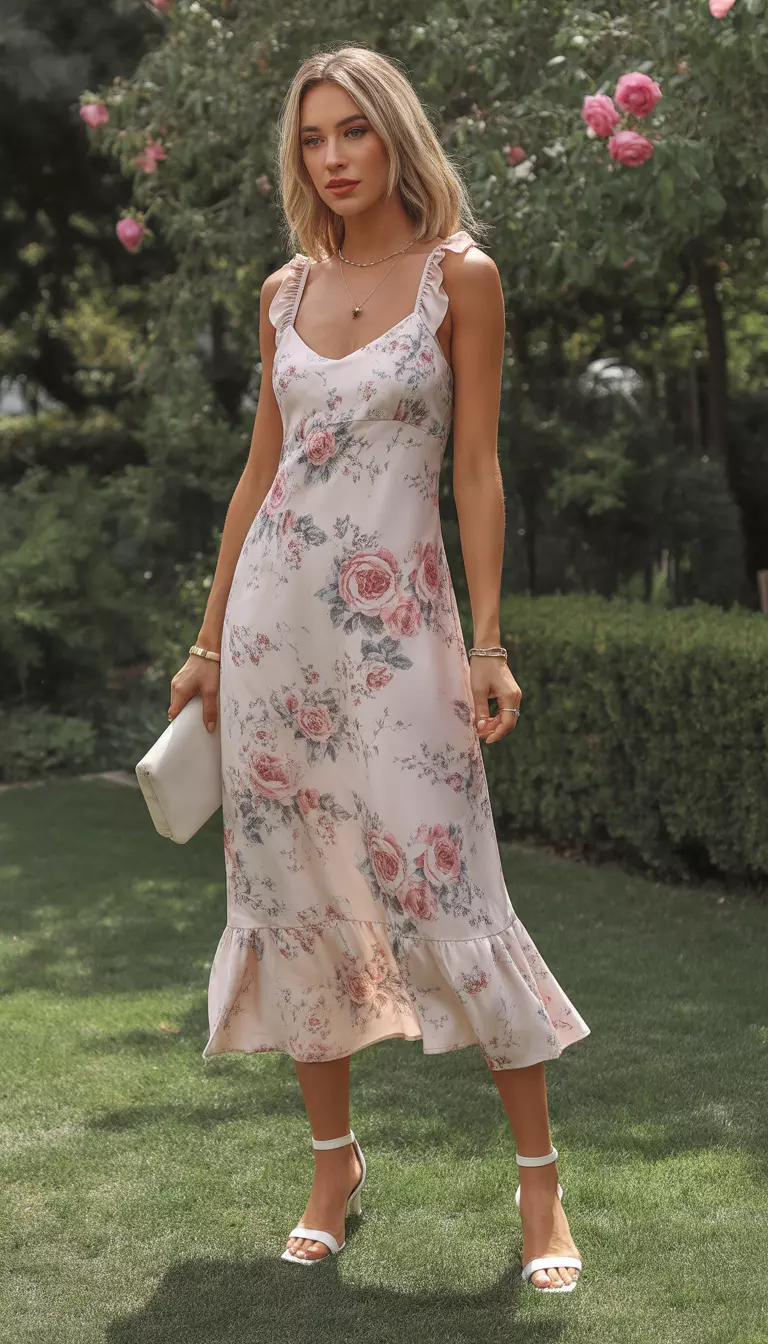 Rose Print Slip Dresses And Strappy Heels A beautiful woman in a light-colored floral rose print slip dress with ruffle straps, white strappy heeled sandals, minimal gold jewelry, and a small white clutch, she stands in a sunny garden.
