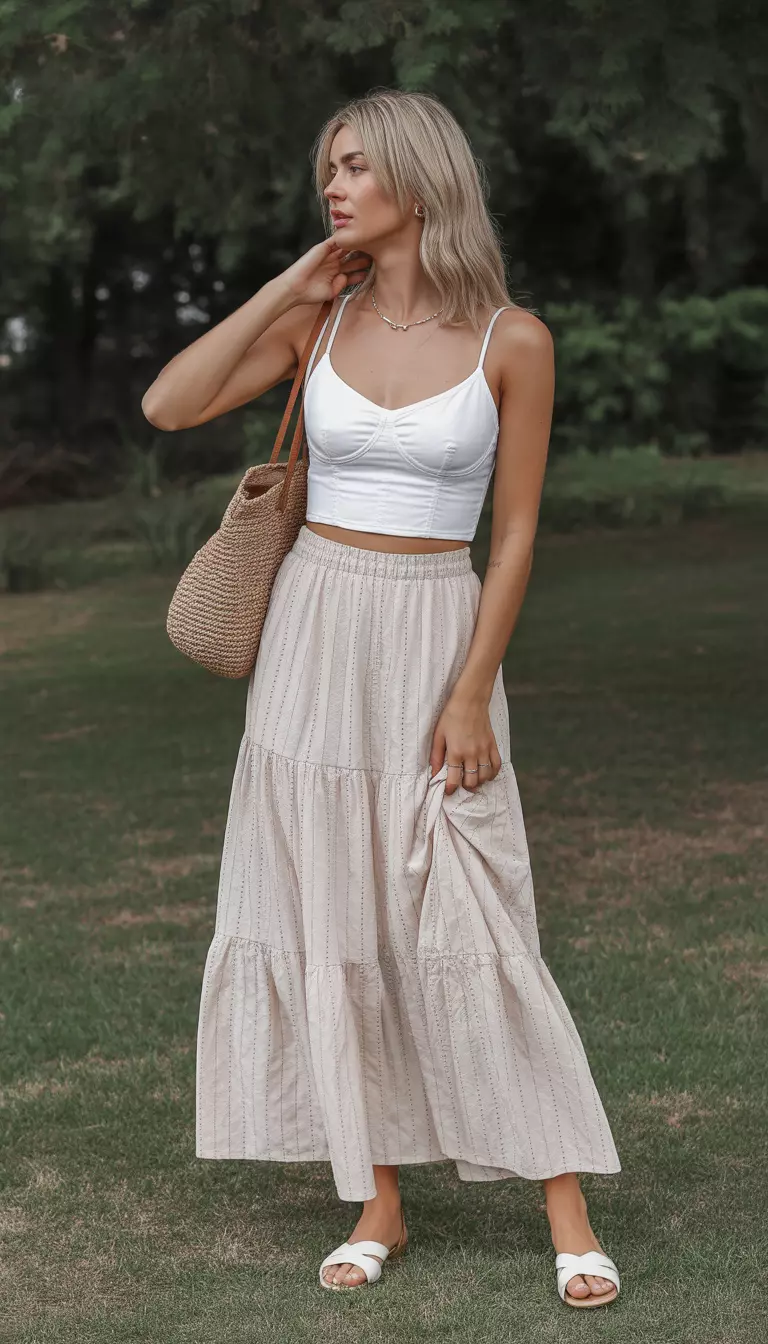 All White Lace And Tiers A beautiful woman in a white spaghetti-strap corset style top, a tiered white lace maxi skirt, white flat sandals, and a tan woven shoulder bag, she stands outdoors.