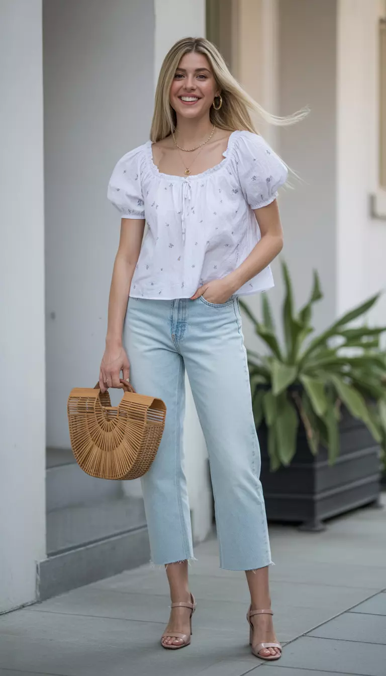 Peasant Tops And Cropped Straight Denim A beautiful woman in a white ruffled peasant top with a small floral print, light wash cropped straight-leg jeans, nude heels, and a woven straw handle bag, she smiles broadly.