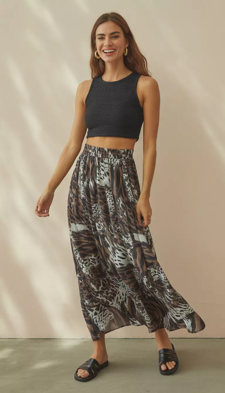 Animal Prints And Textured Black Crops A beautiful woman in a textured black sleeveless crop top, a long flowing maxi skirt with black white and brown animal print, gold earrings, and black flat sandals, she smiles broadly.