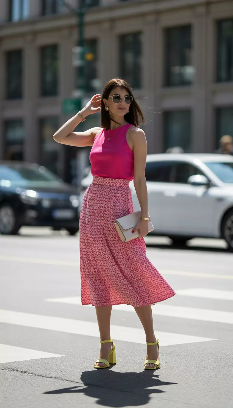 Pink Monochromatic Patterns And City Chic A beautiful woman in a bright pink sleeveless top, a pink and white patterned midi skirt, light yellow heeled sandals, and a small white clutch bag, she stands on a sunny city street.