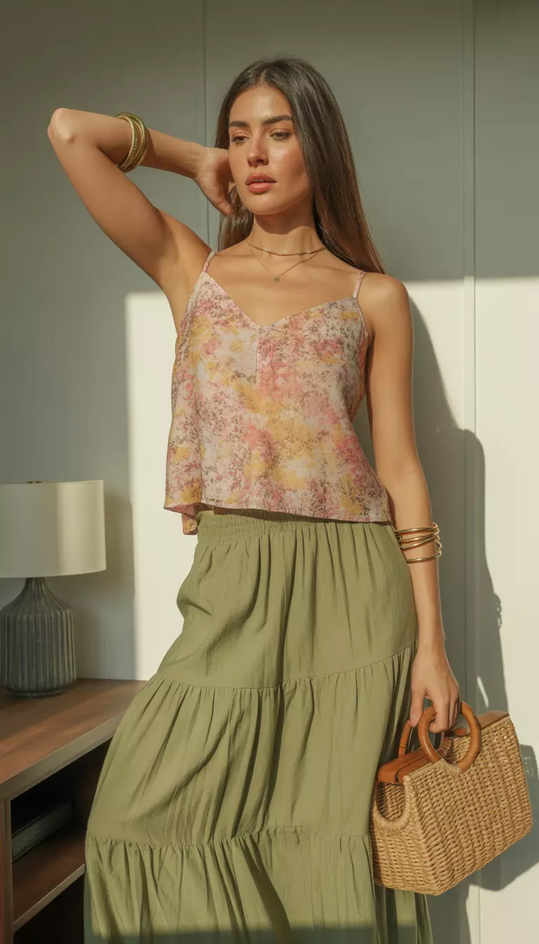 Breezy Camisoles And Flowing Olive Skirts A beautiful woman in a floral print cami top with pink and yellow hues, a long flowing olive green skirt, gold bangles, and a straw handbag, she poses in a sunlit room.