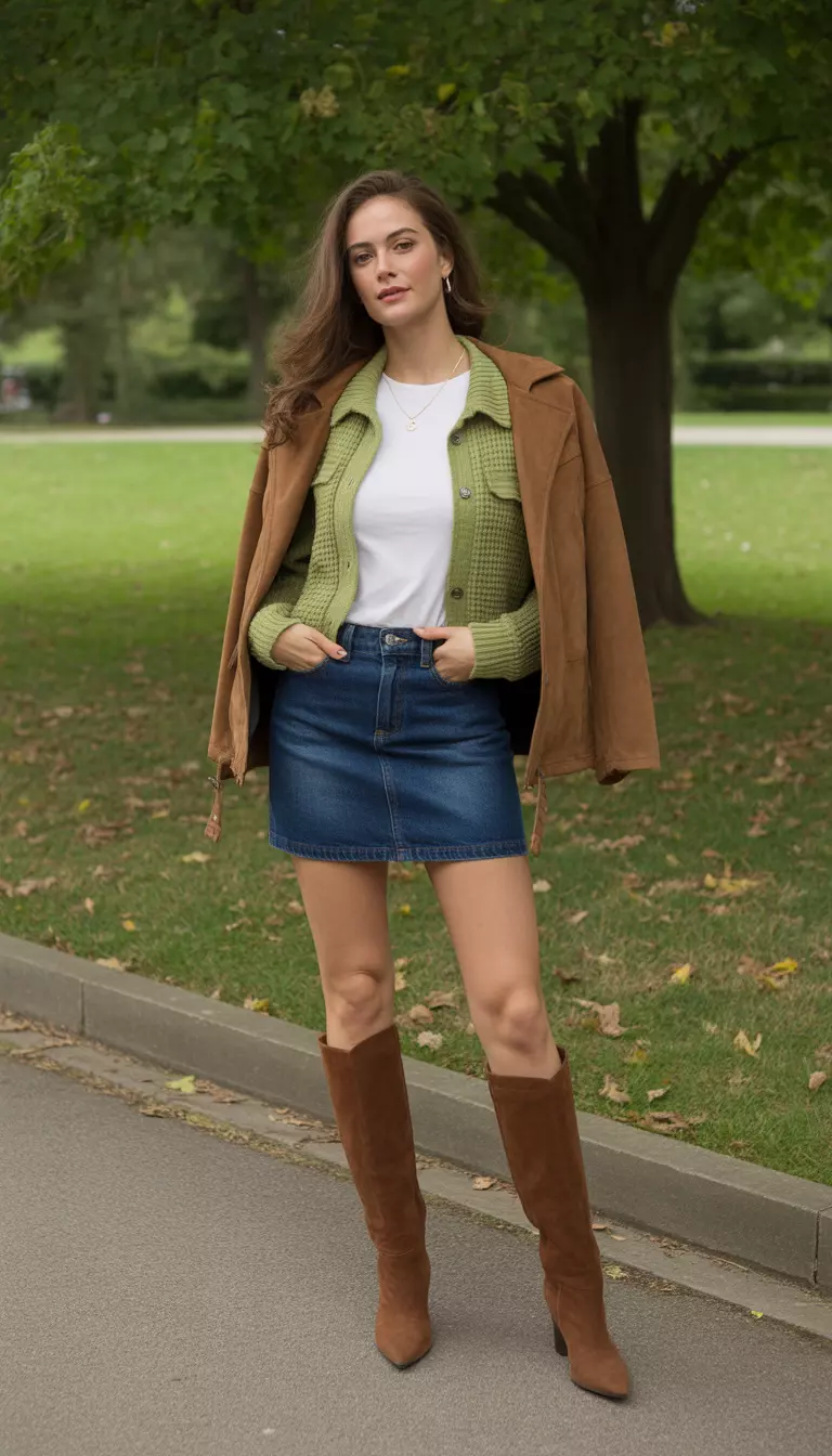 Suede Jackets And Textured Cardigans A beautiful woman in a white tee, a green textured cardigan, a dark blue denim mini skirt, a brown suede jacket, and tall brown leather boots, she stands in a leafy park.