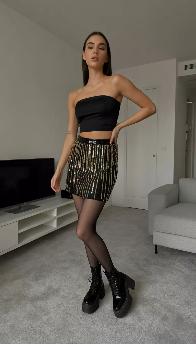 Sequin Details And Sleek Black Layers A beautiful woman in a tight black strapless tube top, a short black skirt with gold sequin detailing, sheer black tights, and chunky black platform boots, she poses in a modern apartment.