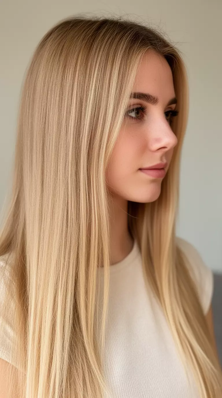casual close-up photo of a 21-year-old woman wearing a light top with a sun-kissed blonde colored long, straight hairstyle, profile view, minimal background