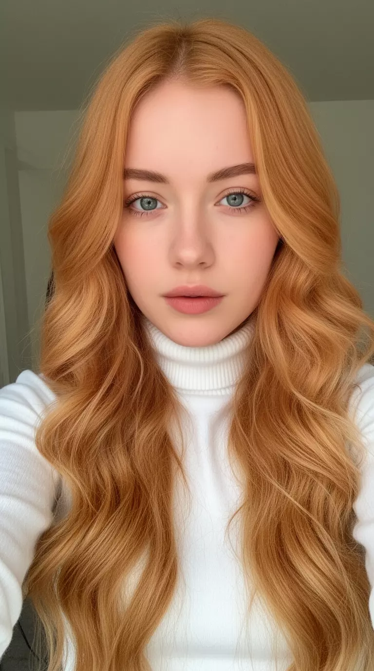 selfie of a 26-year-old woman wearing a white turtleneck with a strawberry blonde colored long, wavy hairstyle, front view, minimal background