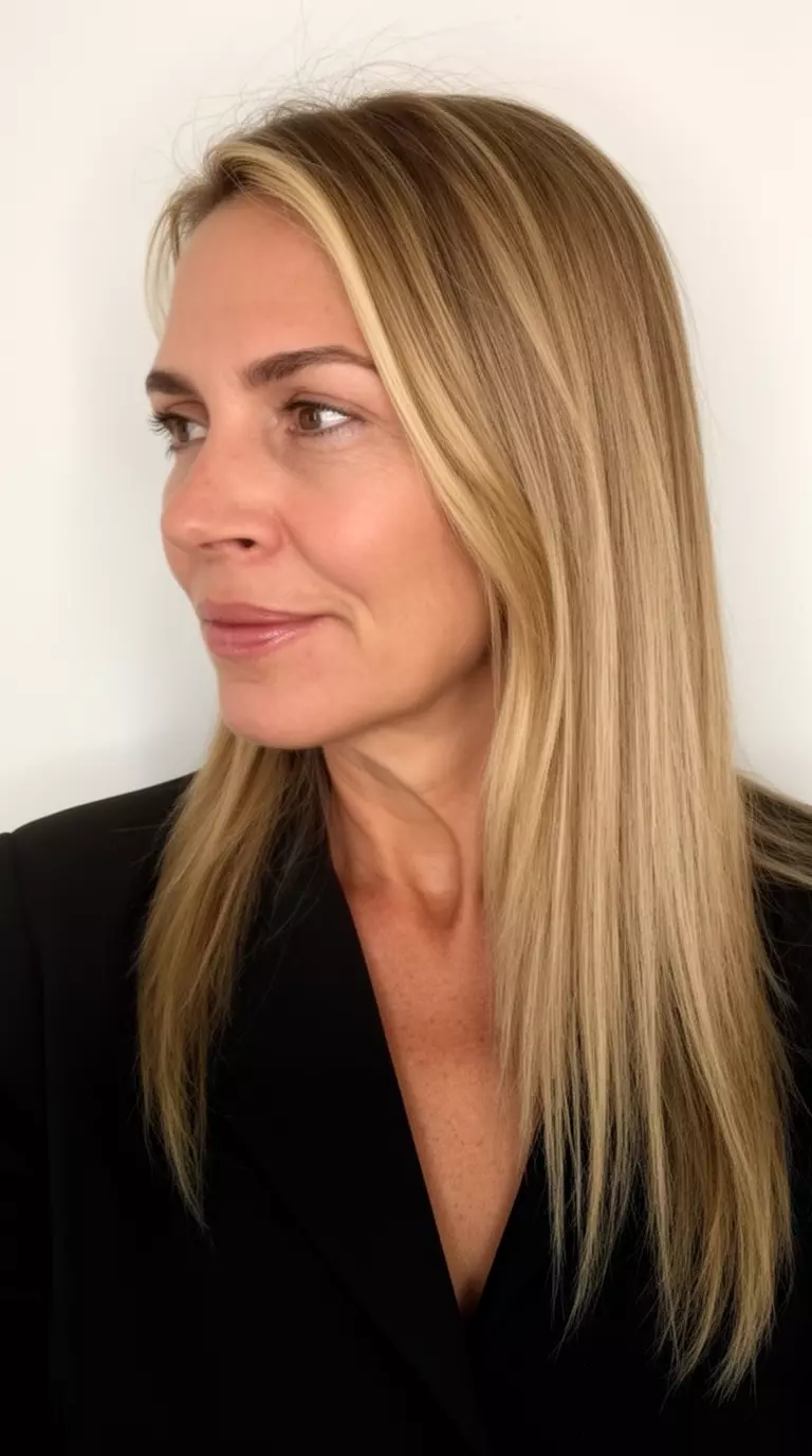 casual close-up photo of a 45-year-old woman wearing a black blazer with a dark blonde colored long, straight hairstyle, profile view, minimal background