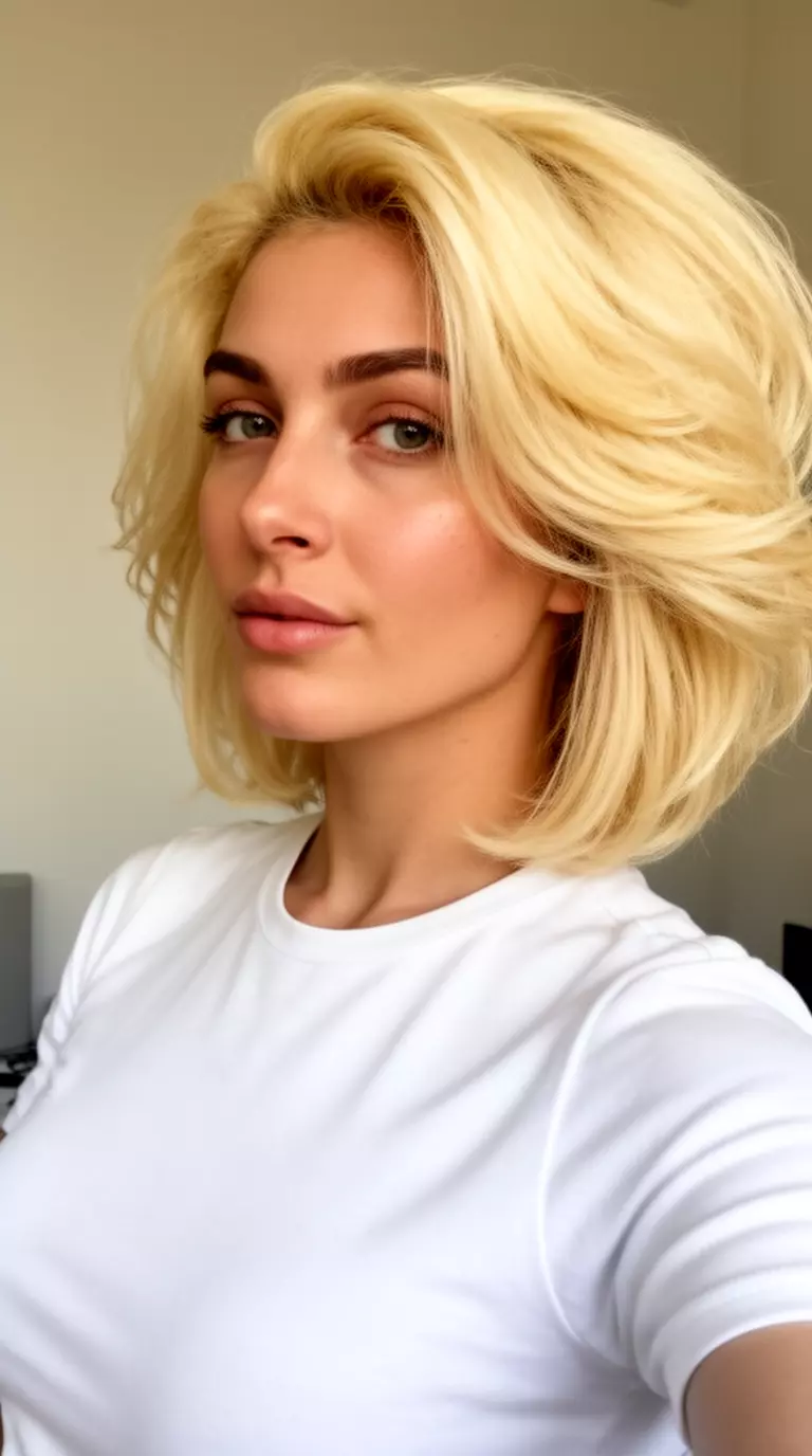 selfie of a 29-year-old woman wearing a white top with a bright blonde colored voluminous, layered hairstyle, three-quarter view, minimal background
