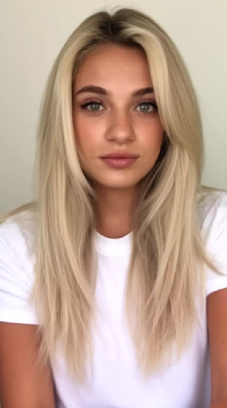 casual close-up photo of a 26-year-old woman wearing a white t-shirt with a light blonde colored long, layered hairstyle, front view, minimal background