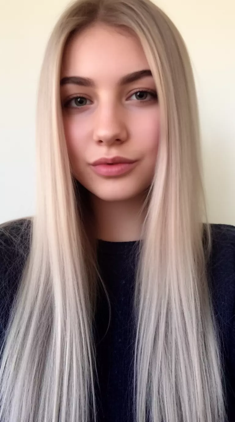 casual close-up photo of a 23-year-old woman wearing a dark top with a light ash blonde colored very long, straight hairstyle, front view, minimal background