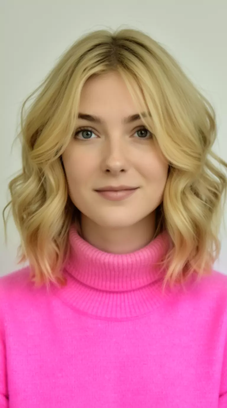 casual close-up photo of a 29-year-old woman wearing a pink turtleneck sweater with a rosy blonde colored chin-length wavy hairstyle, front view, minimal background