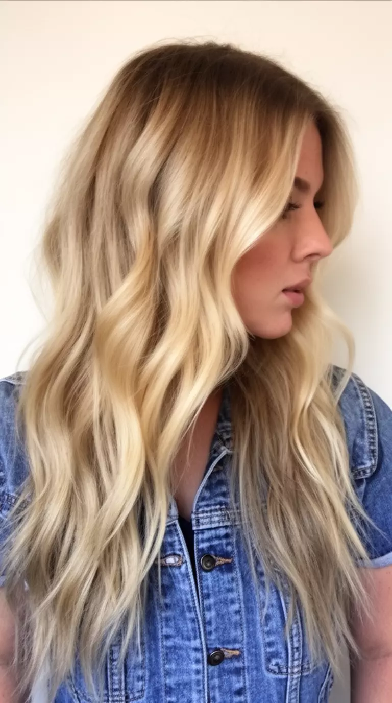 casual close-up photo of a 27-year-old woman wearing a denim top with a rooted blonde colored long, wavy hairstyle, profile view, minimal background