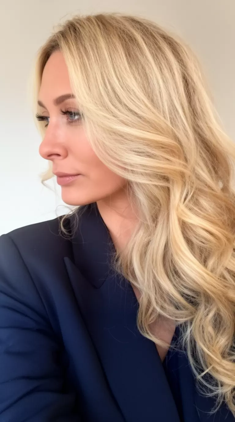 selfie of a 34-year-old woman wearing a dark blazer with a neutral blonde colored long, wavy hairstyle, profile view, minimal background