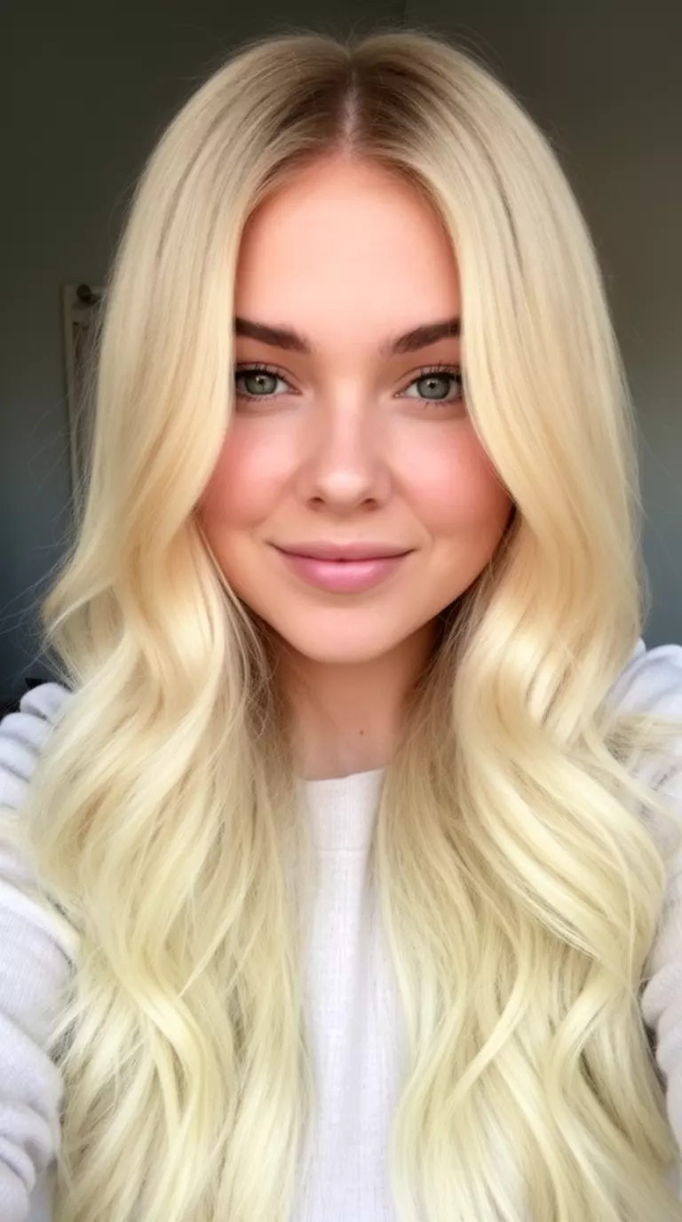 selfie of a 25-year-old woman wearing a light top with a bright blonde colored long, wavy hairstyle, front view, minimal background
