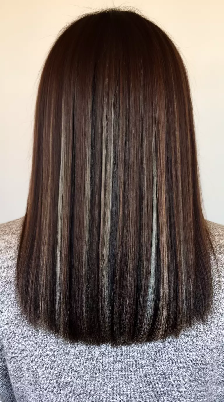 casual close-up photo of a 30-year-old woman wearing a gray sweater with a dark brown colored hairstyle featuring vertical slate highlights, back view, minimal background