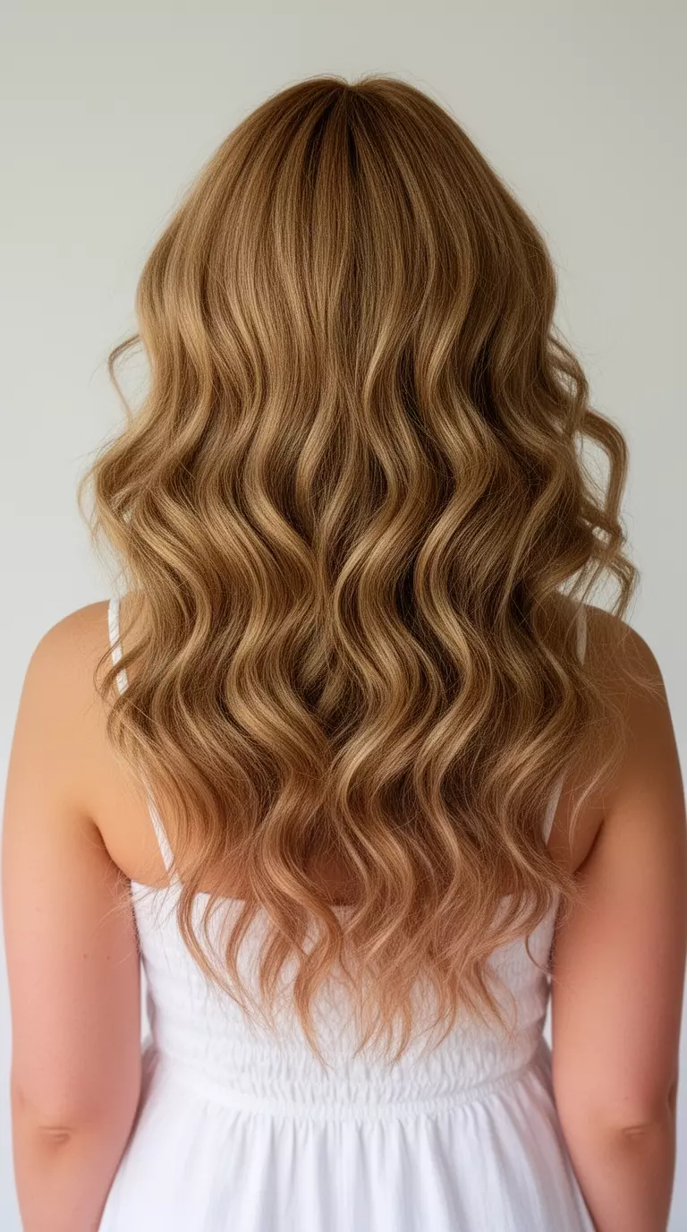 casual close-up photo of a 29-year-old woman wearing a white sundress with a light honey brown colored voluminous wavy hairstyle, back view, minimal background