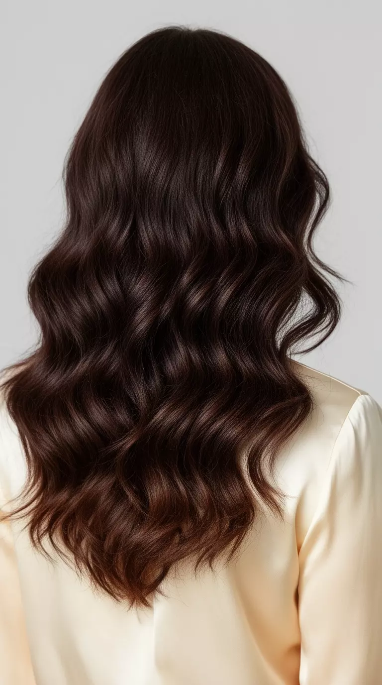 casual close-up photo of a 38-year-old woman wearing a cream silk blouse with a deep chocolate brown colored heavily waved hairstyle, back view, minimal background