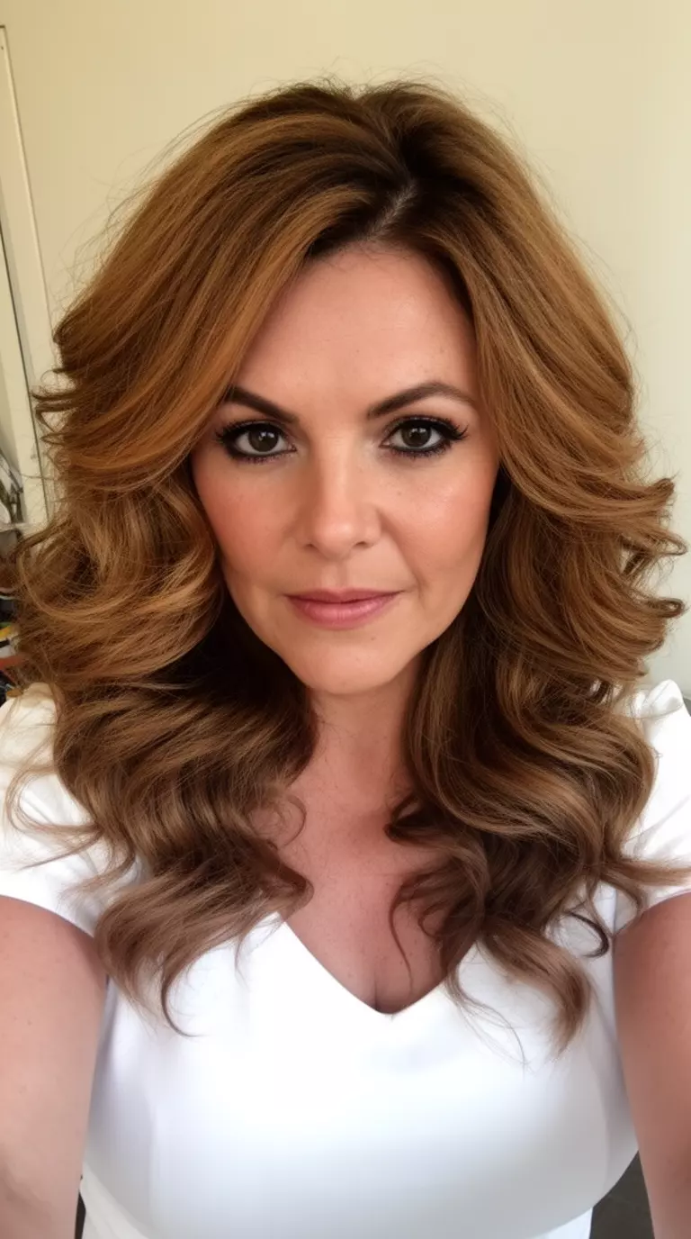 selfie of a 35-year-old woman wearing a white top with a caramel toned brown colored voluminous wavy hairstyle, front view, minimal background