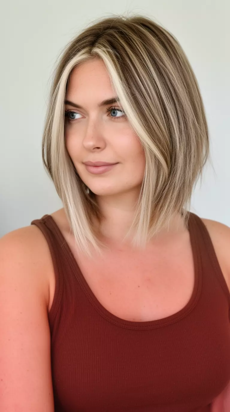 casual close-up photo of a 28-year-old woman wearing a brown tank top with a light brown colored hairstyle featuring blonde money pieces, side swept view, minimal background