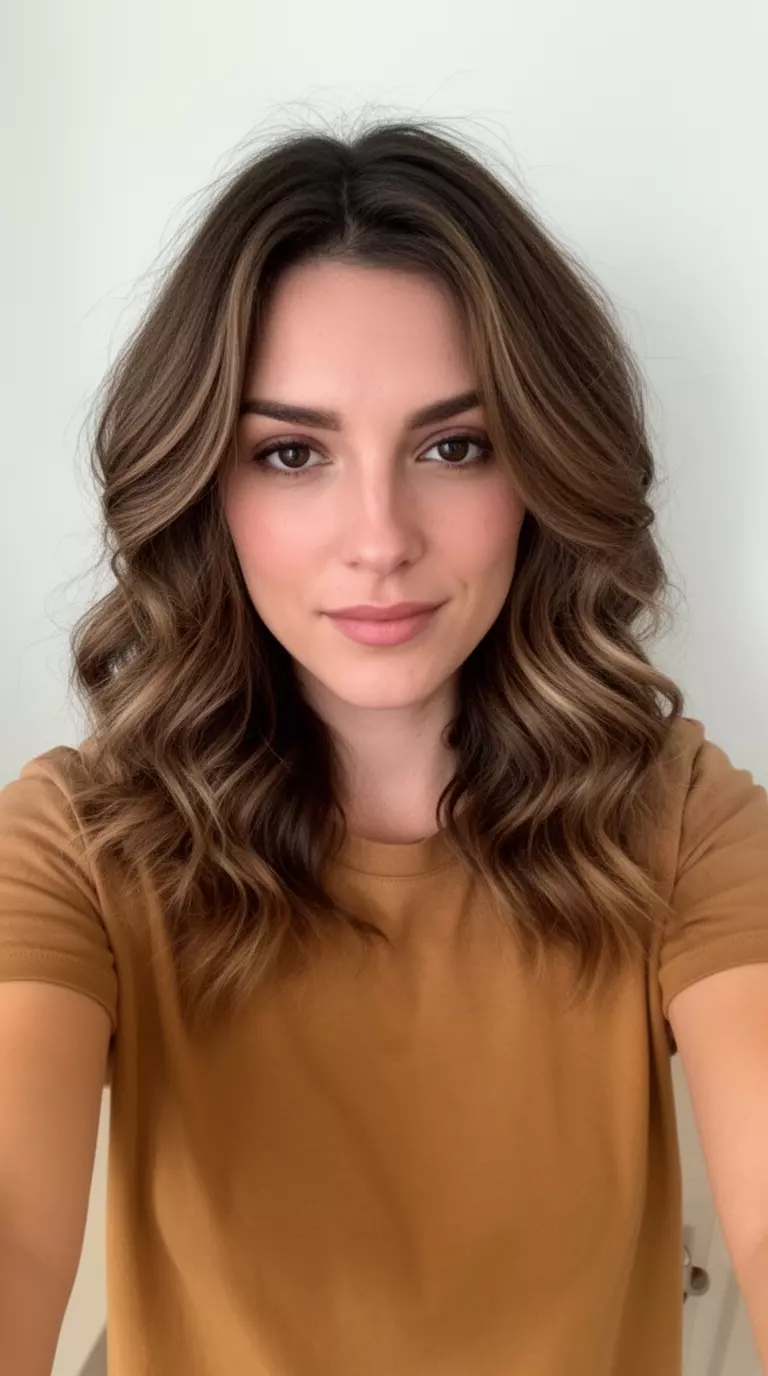 selfie of a 32-year-old woman wearing a simple tee with a tawny brown colored wavy hairstyle featuring face framing layers, front view, minimal background
