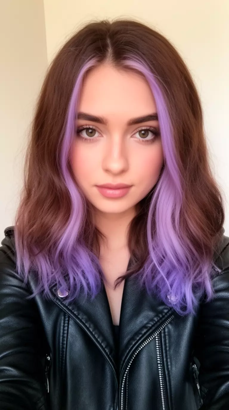 selfie of a 26-year-old woman wearing a black leather jacket with a dark espresso brown colored hairstyle featuring lavender money pieces, front view, minimal background