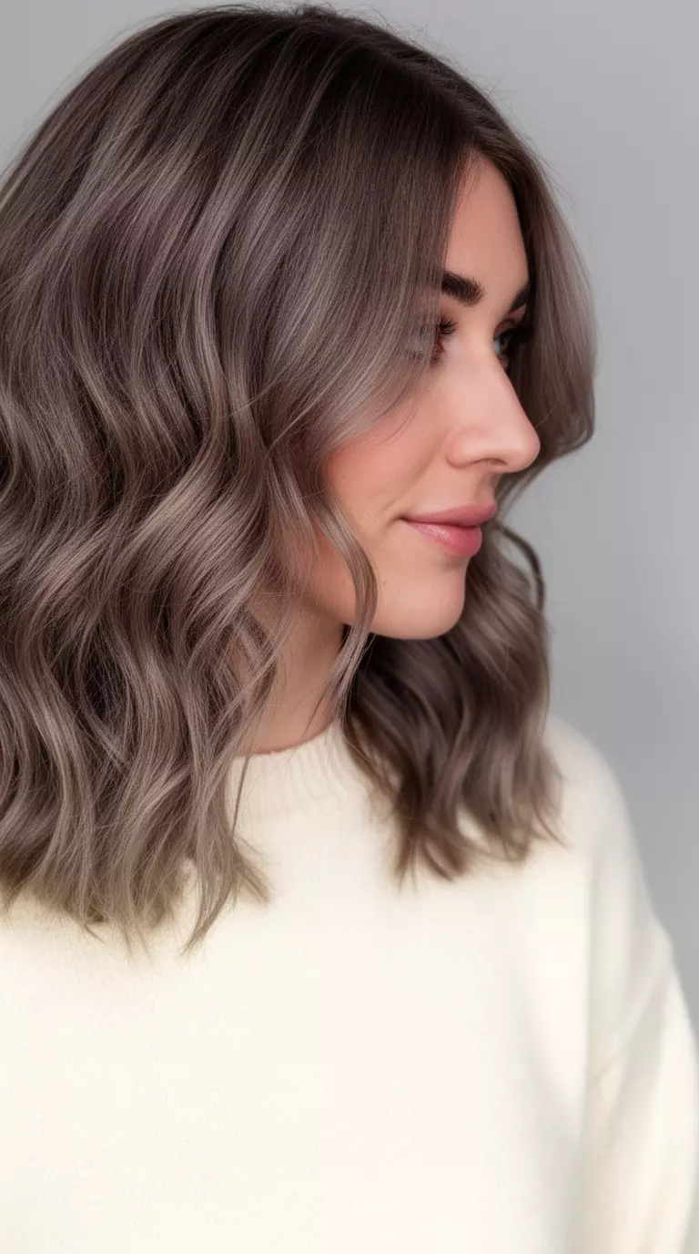 casual close-up photo of a 31-year-old woman wearing a cream sweater with a cool taupe brown colored wavy hairstyle, side profile, minimal background