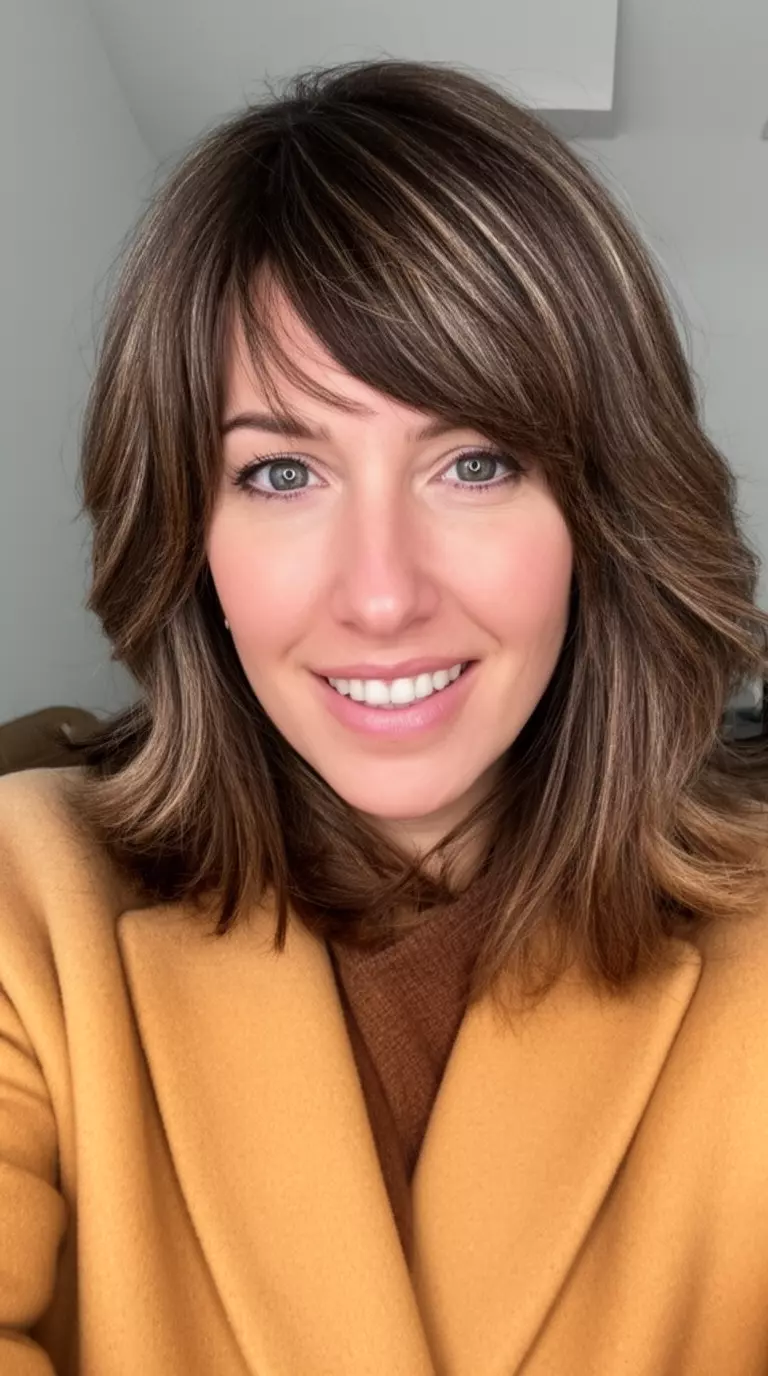 selfie of a 34-year-old woman wearing a camel coat with a textured brown colored hairstyle featuring face framing layers and highlights, front view, minimal background