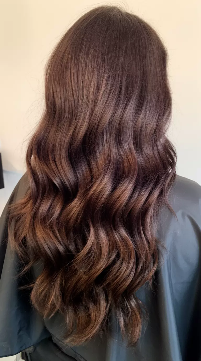 casual close-up photo of a 37-year-old woman wearing a salon cape with a dark espresso brown colored long wavy hairstyle, back view, minimal background