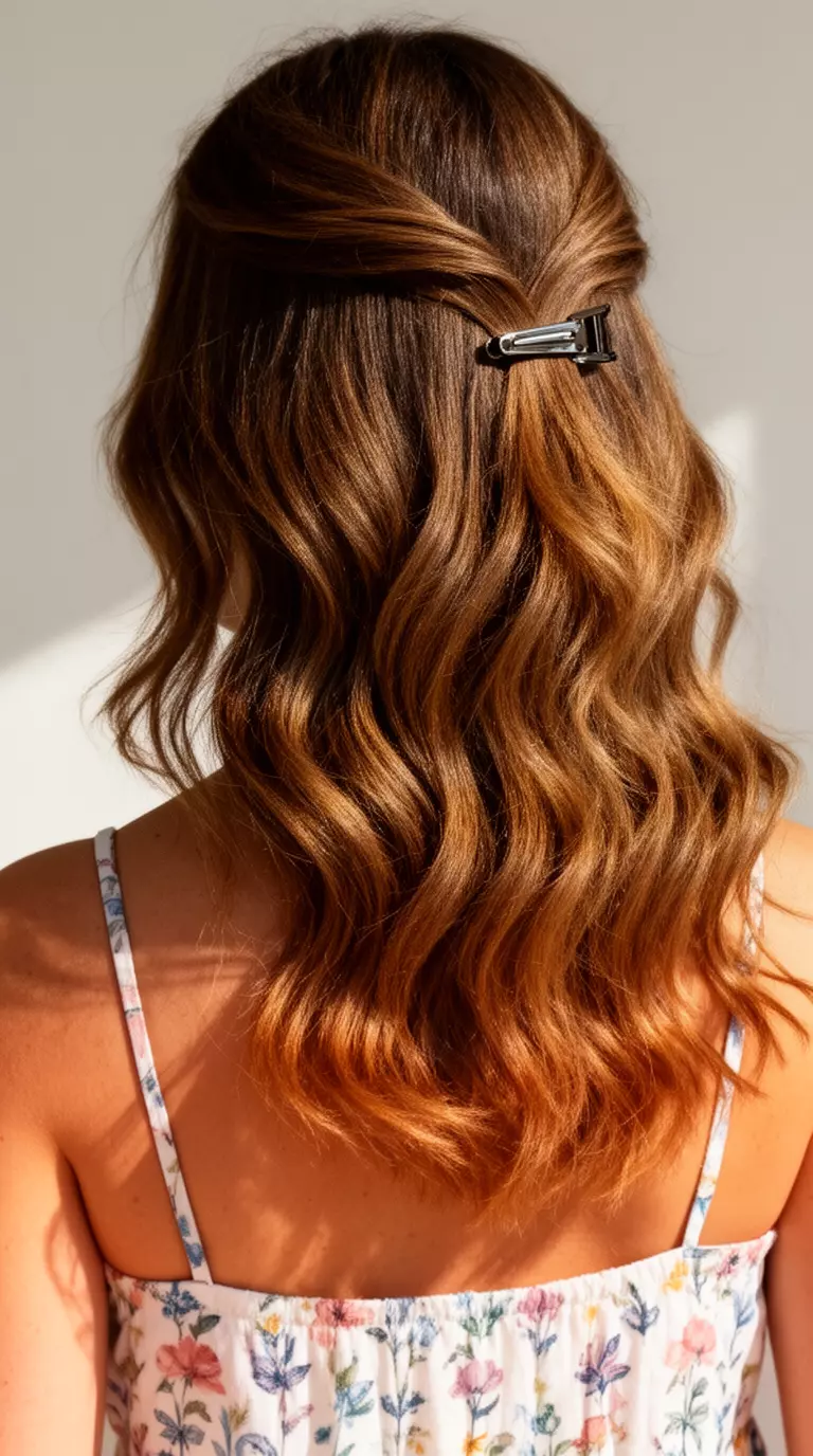 casual close-up photo of a 35-year-old woman wearing a sundress with a sunlit oak brown colored wavy hairstyle with a hair clip, back view, minimal background