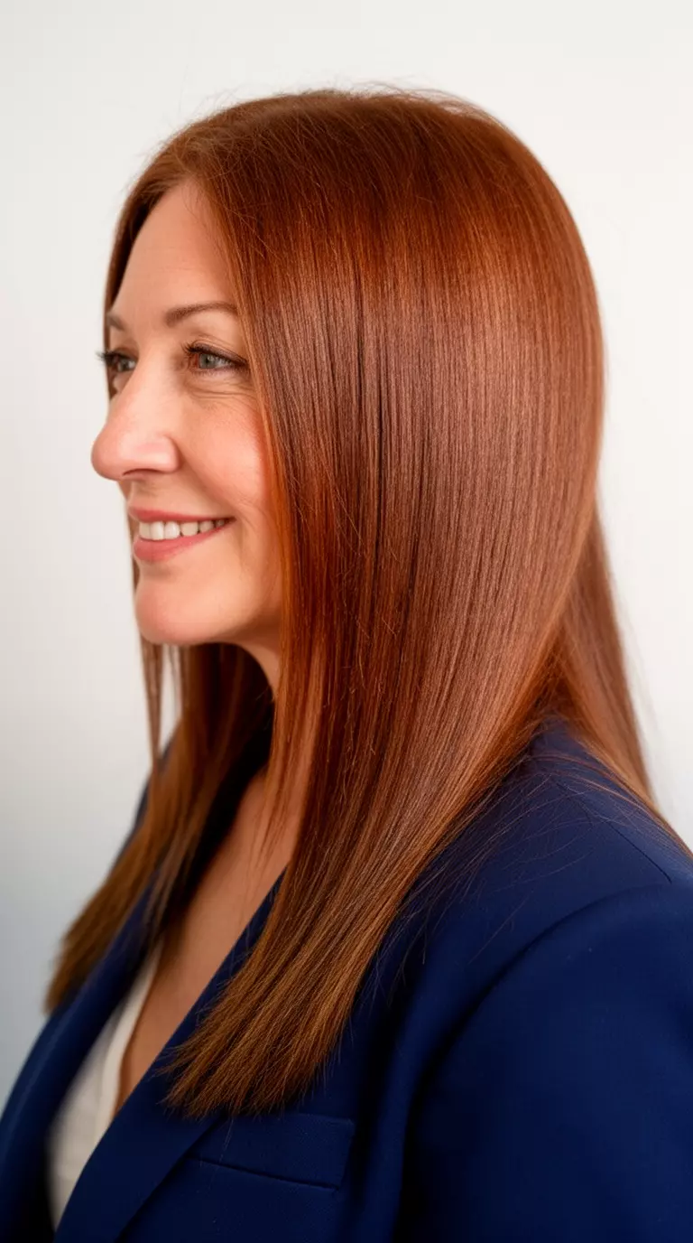 casual close-up photo of a 40-year-old woman wearing a navy blazer with a polished chestnut brown colored long straight hairstyle, side view, minimal background