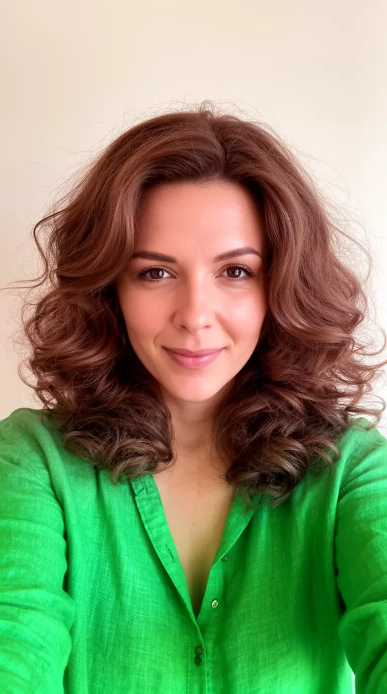 selfie of a 33-year-old woman wearing a green linen shirt with a luminous mocha brown colored voluminous hairstyle, front view, minimal background