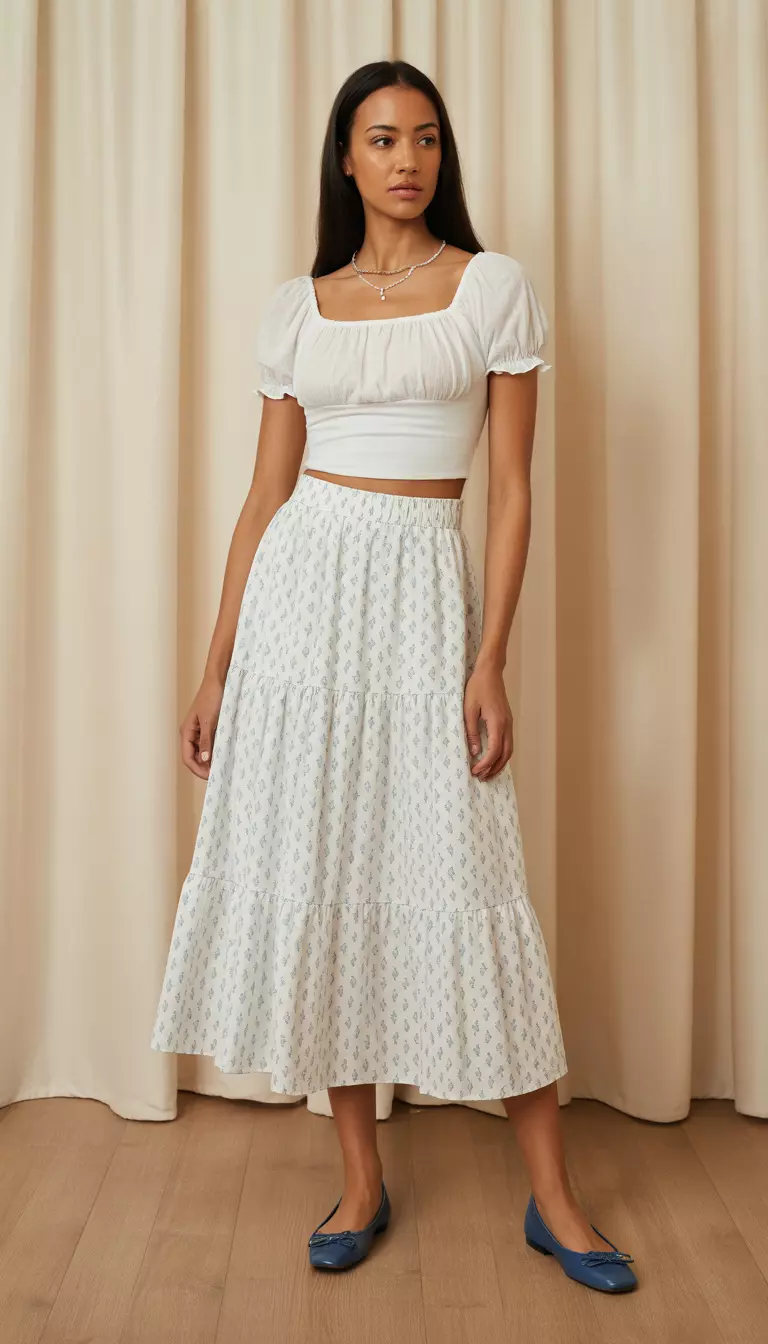 A beautiful woman in a white top with short ruffled sleeves and a square neckline, a white tiered skirt with small blue floral prints, and blue ballet flats.