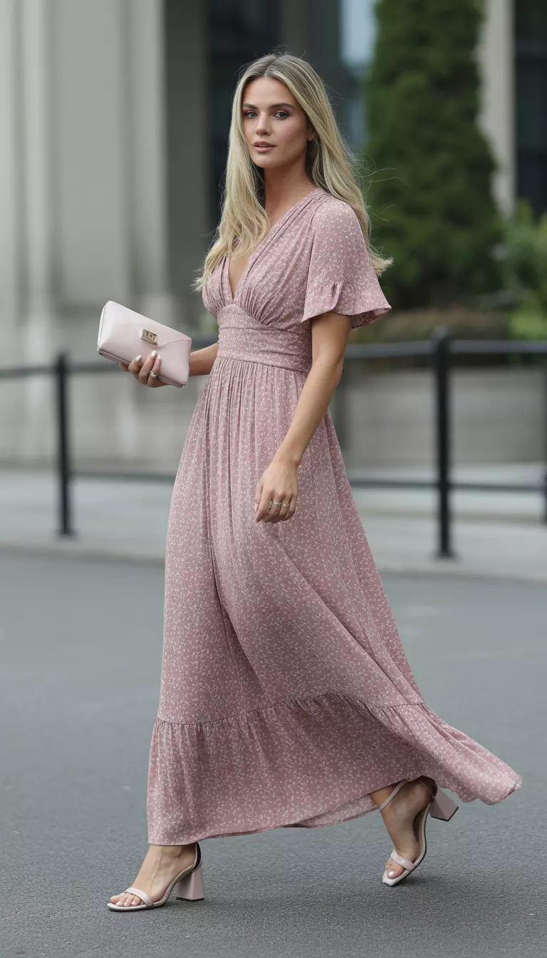 A beautiful woman in a long flowing pink maxi dress with a delicate white floral print, light-colored heeled sandals, and a small pink clutch.