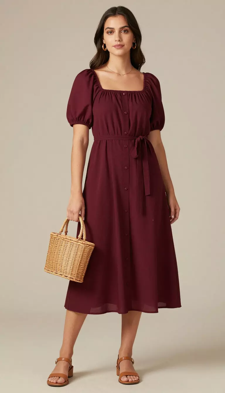 A beautiful woman in a deep burgundy square-neck midi dress with short puff sleeves, button details, a woven wicker basket bag, and tan leather sandals.